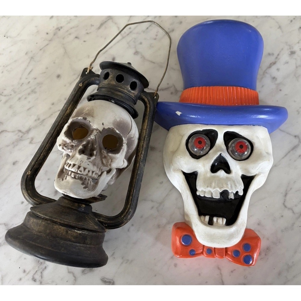 Vtg 90s Y2k Skeleton Skull Door & Lantern Light Halloween Decor Lot NOT WORKING